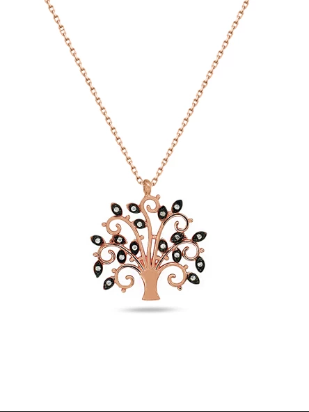 Rose Renk Siyah Gözlü Hayat Ağacı Kadın Gümüş Kolye ürün görseli