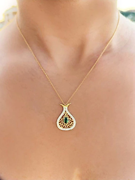 Yeşil Zirkon Taşlı Damla Kadın Gümüş Kolye Altın Kaplama - Resim 3