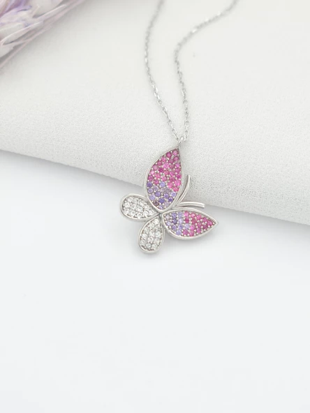 Gümüş Nano Renkli Taşlı Kelebek Figürlü Kadın Gümüş Kolye - Resim 4