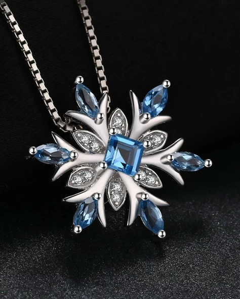 Aquamarin Taşlı Özel Tasarım Kar Tanesi Kadın Gümüş Kolye - 2