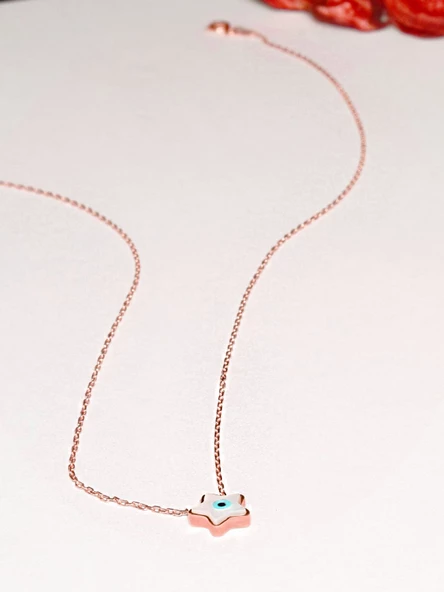 925 Ayar Sedef Taşlı Yıldız Model Nazar Gözlü Rose Gümüş Kolye - Resim 3