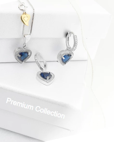 Diamond  Model Lusso Elegant Sapphire Heart Kadın Kolye Küpe Seti - Resim 3