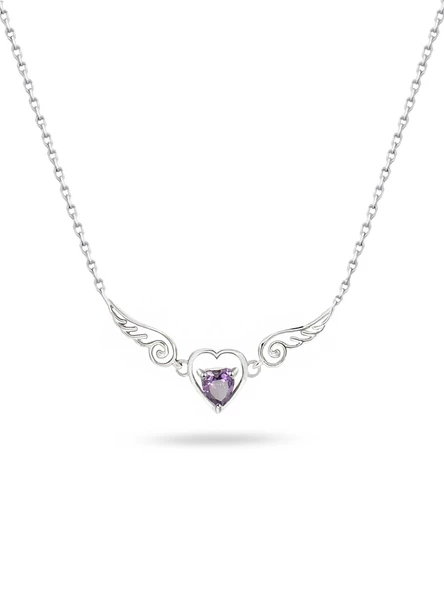 Ametist Taşlı Melek Kanatlı Minik Kalp Kadın Gümüş Kolye