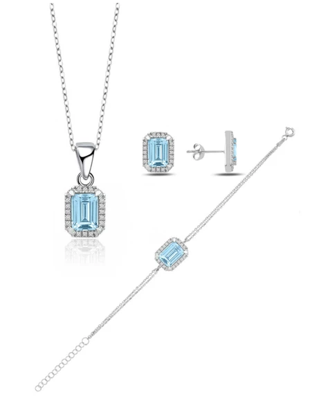925 Ayar Gümüş Aquamarin Taşlı Baget Kolye Küpe Bileklik Set
