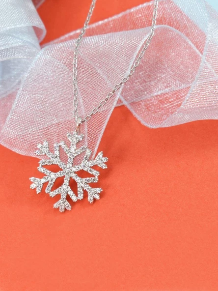 925 Ayar Gümüş Büyük Boy Kar Tanesi Taşlı Gümüş Kadın Kolye - Resim 2