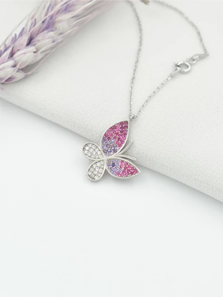 Gümüş Nano Renkli Taşlı Kelebek Figürlü Kadın Gümüş Kolye - Resim 2