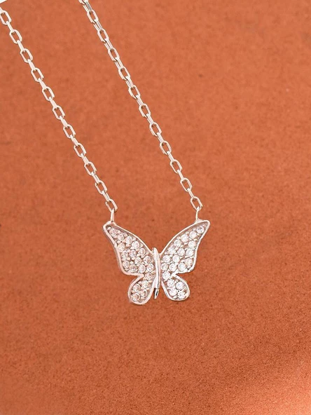 925 Ayar Zarif Model Minimal Kelebek Gümüş Kadın Kolye - Resim 4