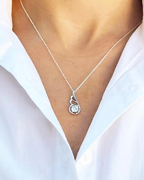 Gümüş Zarif Tasarım Melek Kanatlı Taşlı Kadın Gümüş Kolye - Resim 2