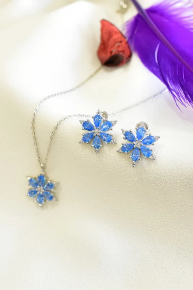 925 Ayar Lotus Çiçeği Aquamarin Taşlı Kadın Gümüş Kolye Küpe Set - Resim 2
