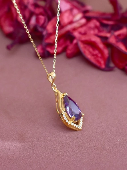 Gümüş Ametist Taşlı Su Damlası Altın Kaplama Kolye - Resim 4