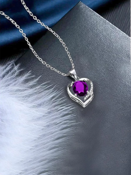 Ametist Taşlı Gümüş Kalbimin Yarısı Kadın Gümüş Kolye - Resim 3
