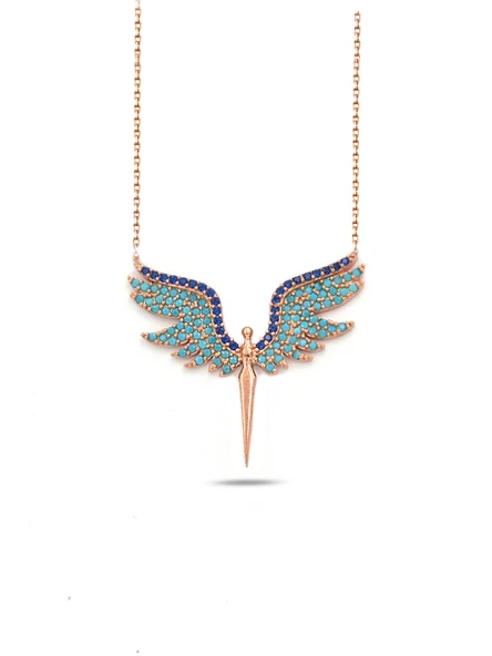 Mikail Meleği Mavi Firuze Taşlı Kadın Gümüş Kolye