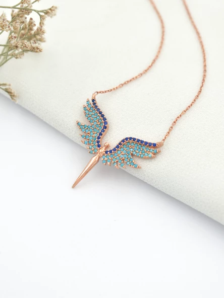 Mikail Meleği Mavi Firuze Taşlı Kadın Gümüş Kolye - 2