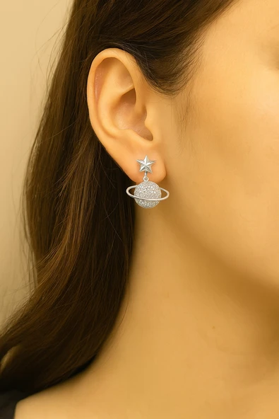 Gezegen Sallantılı Gümüş Küpe Zirkon Taşlı - 2