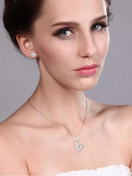 925 Ayar Gümüş Zirkon Taşlı Kalp Kadın Kolye Küpe Seti - 2