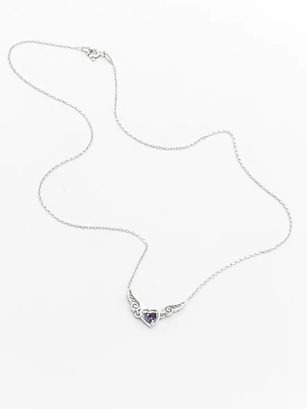 Ametist Taşlı Melek Kanatlı Minik Kalp Kadın Gümüş Kolye - 4