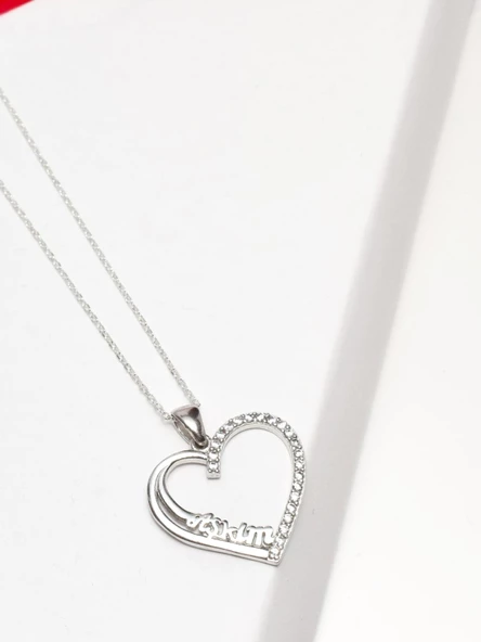 925 Ayar Gümüş Zirkon Taşlı Kalp Aşkım Yazılı Kadın kolye - Resim 3