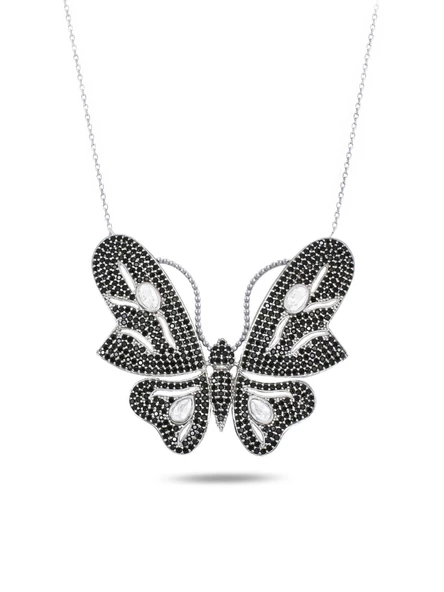 925 Ayar Oniks Taşlı Kelebek Uzun Kadın Gümüş Kolye 80 cm ürün görseli