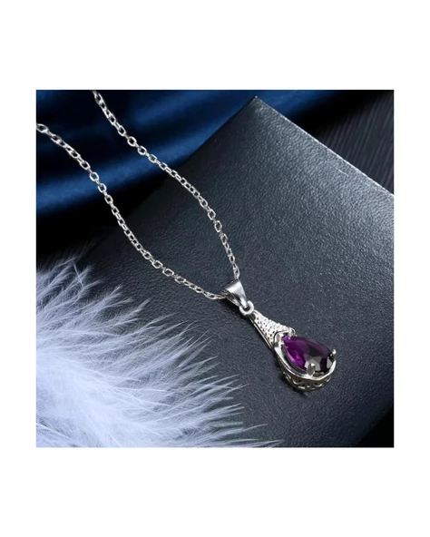 925 Ayar Ametist Taşlı Su Damlası Kadın Gümüş Kolye - 2