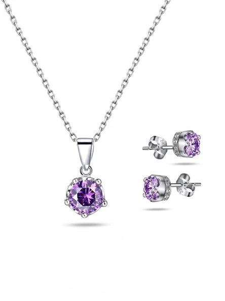 Gümüş Ametist Taşlı Taç Model Kadın Kolye Küpe Seti Gümüş Set