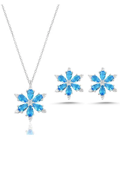 925 Ayar Lotus Çiçeği Aquamarin Taşlı Kadın Gümüş Kolye Küpe Set