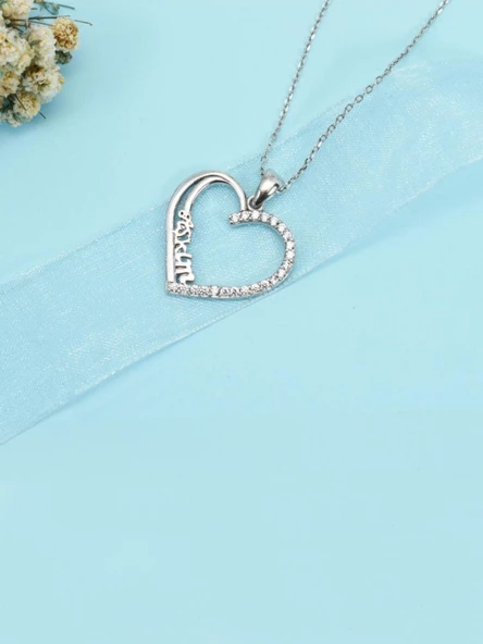 925 Ayar Gümüş Zirkon Taşlı Kalp Aşkım Yazılı Kadın kolye - Resim 2