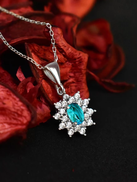 Gümüş Topaz Deniz Mavisi Taşlı Kadın Gümüş Kolye Sevgiliye Hediye - 3