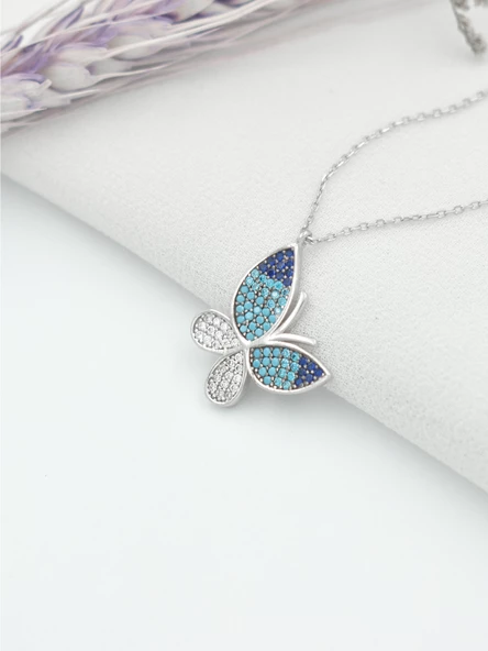 Mavi Geçişli Taşlı Kadın Kelebek Gümüş Kolye - Resim 4