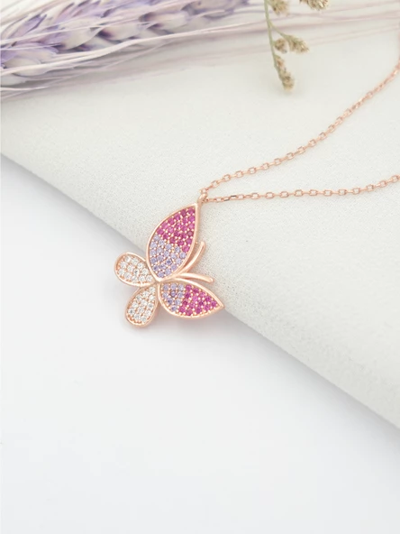 Gümüş Rose Renk Nano Taşlı Kadın Kelebek Gümüş Kolye - Resim 2