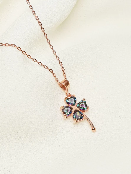 Gümüş Rose Renk Gizemli Taş Dört Yaprak Yonca Kadın Gümüş Kolye - Resim 2