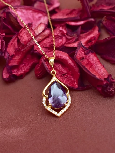 Gümüş Ametist Taşlı Su Damlası Altın Kaplama Kolye - Resim 3