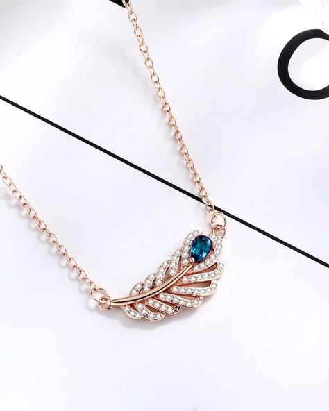 Aquamarin Taşı Lusso Yaprak Model Rose Diamond Kadın Gümüş Kolye - 2