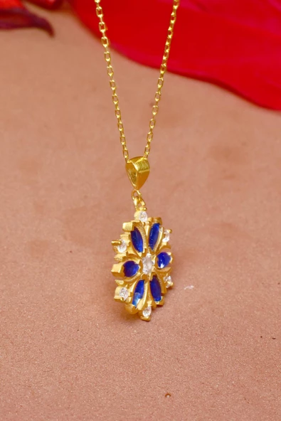 Pırlanta Model Kar Tanesi Safir Taşlı Gümüş Kolye Altın Kaplama - Resim 3