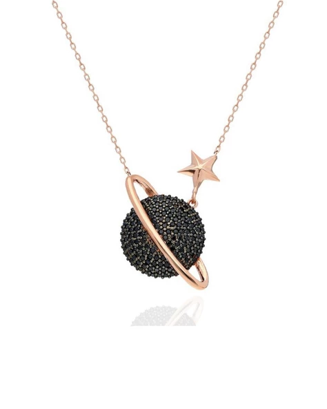 Rose Renk Gezegen Kolye Siyah Taşlı Gümüş Kadın Kolye ürün görseli