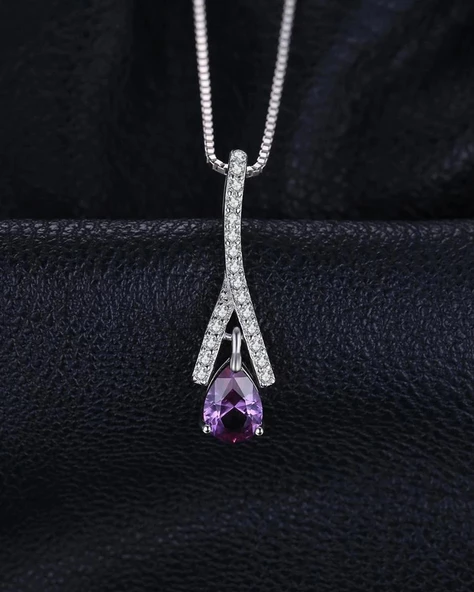 Ametist Taşı Işıltılı Diamond Damla Kadın Gümüş Kolye - Resim 2