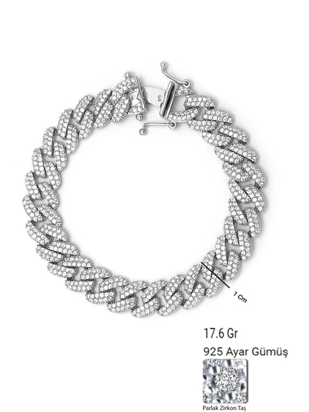 Gurmet Zincir Model Pırlanta Işıltılı İthal Kadın Gümüş Bileklik 17 Cm - 4