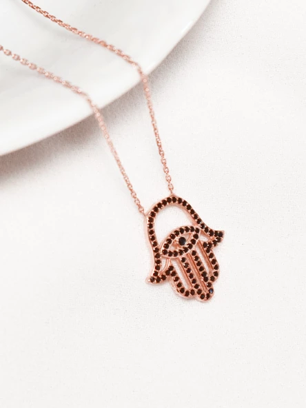 925 Ayar Siyah Taşlı Fatma Ana Eli Göz Kadın Gümüş Kolye - Resim 2