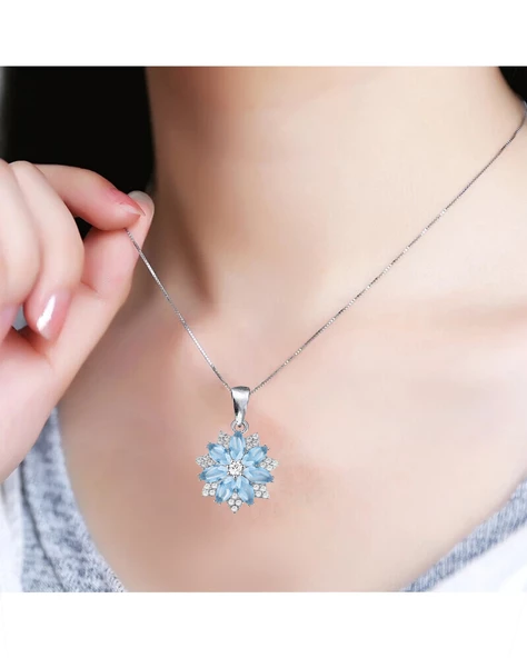 Aquamarin Taşlı Pırlanta Model Lotus Çiçeği Kadın Gümüş Kolye - 4