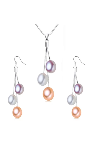 Gümüş Zarif Tasarım Tatlı Su İncisi Kadın Kolye Küpe Seti ürün görseli