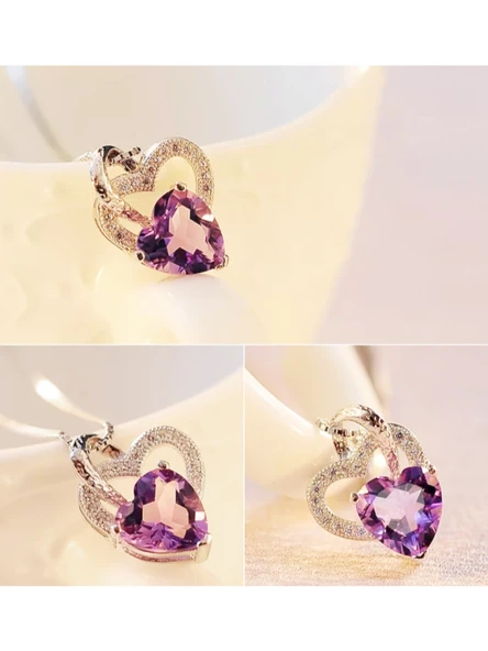 Gümüş Ametist Taşlı Çift Kalp Kadın Gümüş Kolye - Resim 3