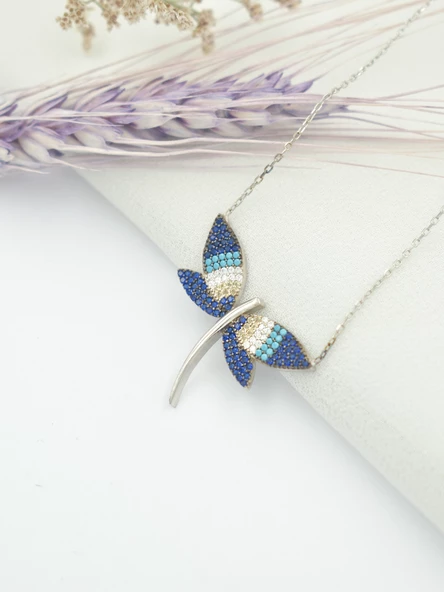 Yusufçuk Kolye 925 Ayar Gümüş Mavi Taşlı  Kadın Kolye - Resim 2