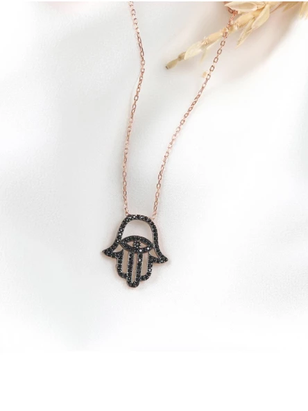 Rose Renk Siyah Taşlı Fatma Ana Eli Kadın Gümüş Kolye - Resim 3