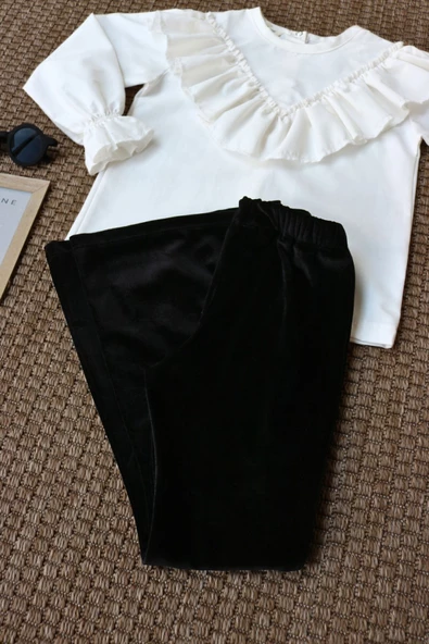 Kız Çocuk Velvet Uzun Kollu Fırfırlı Body Bluz İspanyol Kadife Tayt Pantolon Takım - 3