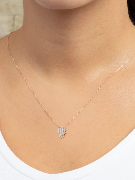 Rose Gold Taşlı Fatma Ana Eli Kadın Gümüş Kolye - Resim 2