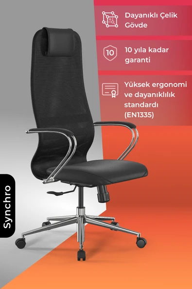 Ergolife Sit 8 Ofis Koltuğu | Krom Ayaklı, Fileli, Yüksek Arkalıklı, Siyah, Bilgisayar Sandalyesi -1B9.55.1.403