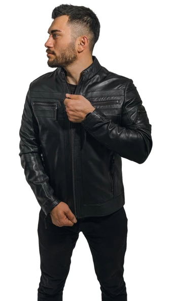 Büyük Beden Hakiki Deri Erkek Ceket Siyah Spor Kesim Dik Yaka Bright Siyah 5XL