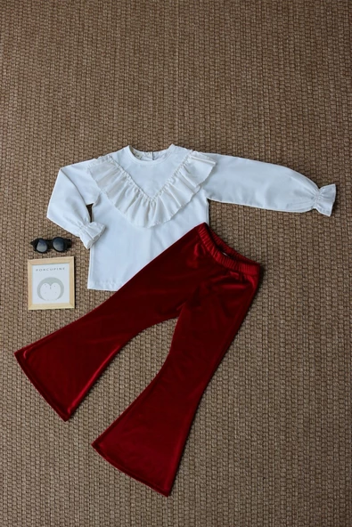 Kız Çocuk Velvet Uzun Kollu Fırfırlı Body Bluz İspanyol Kadife Tayt Pantolon Takım - 6