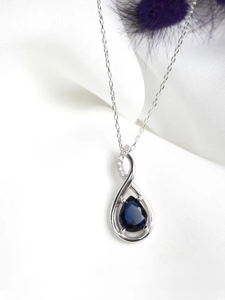 Gümüş Su Damlası Pırlanta Model Safir Zirkon Taşlı Gümüş Kolye - Resim 3