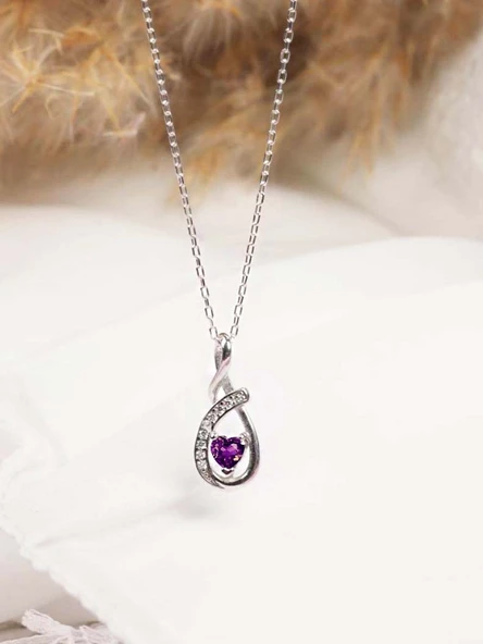 Ametist Taşlı Minik Kalp Kadın Gümüş Kolye - Resim 3