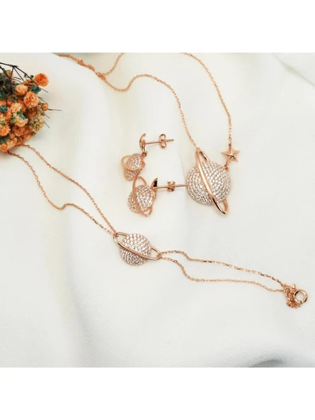 Rose Gold Gümüş Gezegen Kadın Kolye Küpe Bileklik Seti - Resim 2